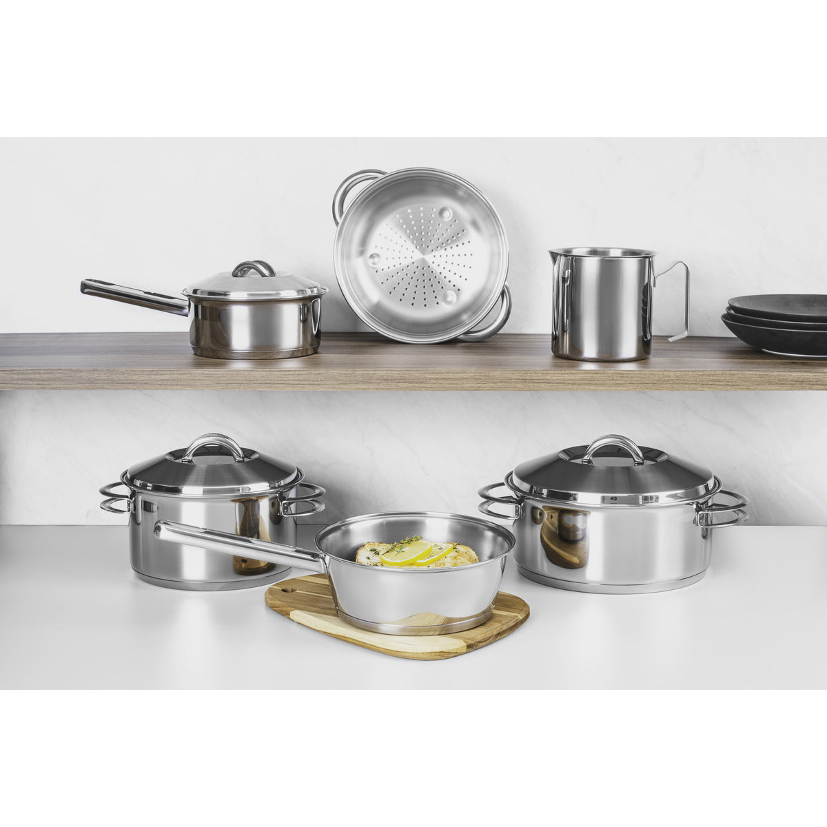 Tramontina Solar 6-piece stainless steel cookware set with tri-ply base and stainless steel lids